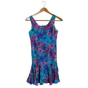 August Hale Silk Blue Purple Floral Vintage Square Neck Ruffled Dress